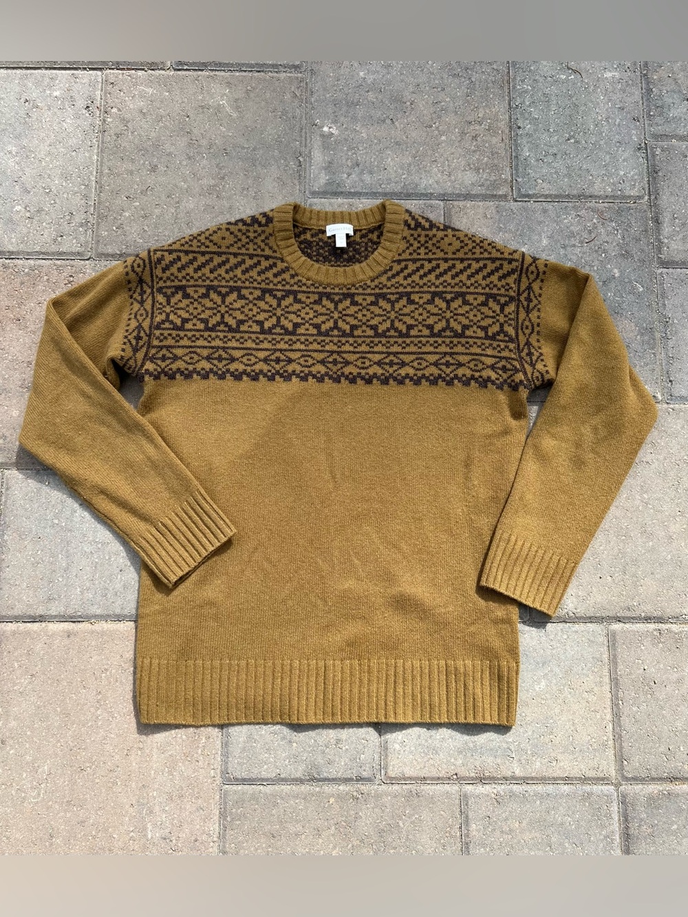 GARNET HILL 100% Cashmere Fair Isle Yoke Sweater Mustard Gold Brown Medium